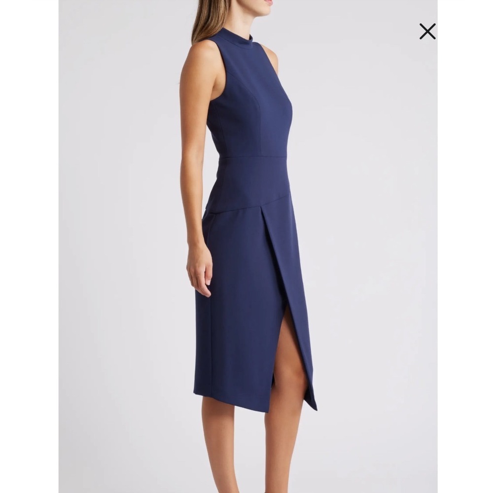 NWT $415 Black Halo Navy Blue Mock Neck Sleeveless Sheath Dress Juma Slit Midi 6